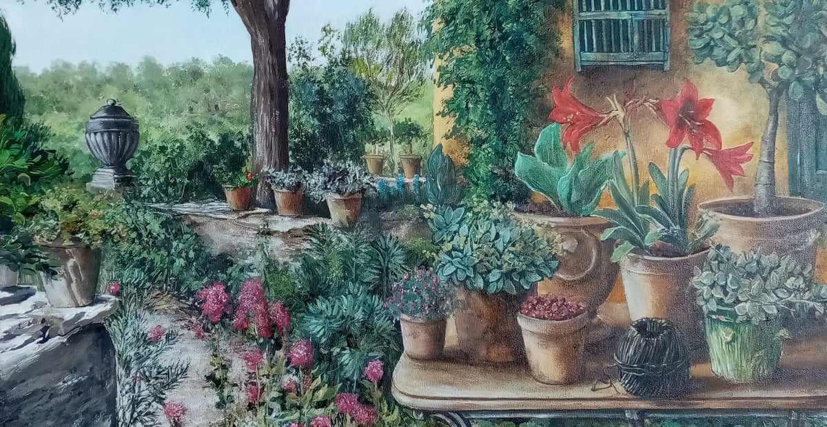 Dettaglio quadro Giardino Segreto, texture pennellate e colori, opera unica , artista contemporaneo