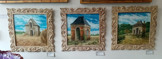 Tris di quadri in legno dipinti a mano da Lorenzo Usicco - paesaggio campagna della Loira con cornici artigianali