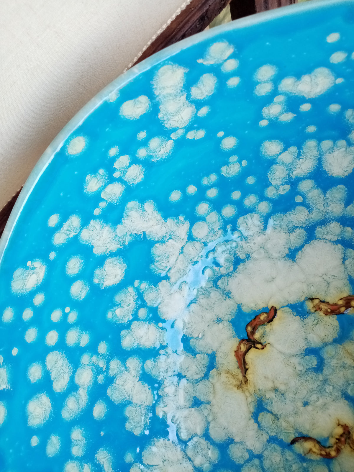 Dettaglio decorazione coppa gabbiani dipinti a mano su ceramica - tema marino