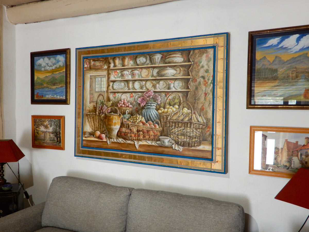 Dettaglio finestra e frutta quadro Finestra sul Giardino - dipinto originale arte italiana olio acrilico
