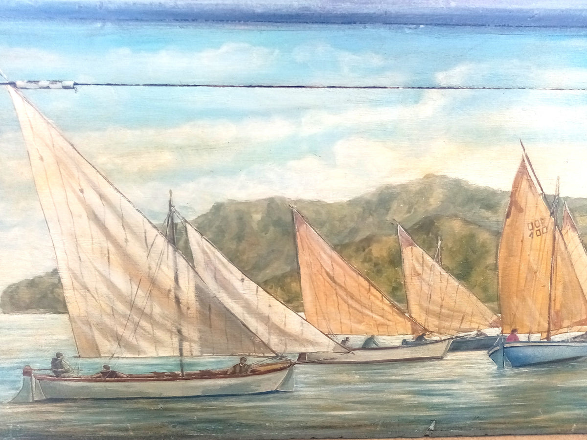 dettaglio lato posteriore baule epoca 1800 - Mobile restaurato dipinto con velieri