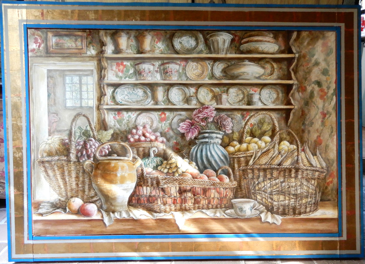 Quadro Finestra sul Giardino di Lorenzo Usicco - natura morta con frutta dipinto a mano olio su tela
