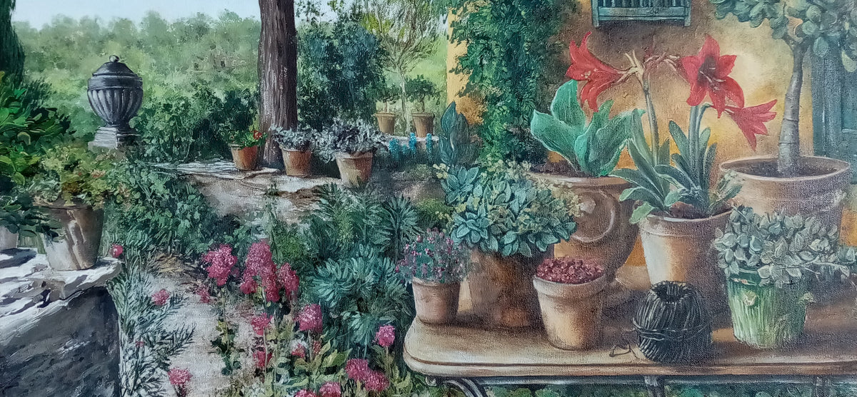 Dettaglio quadro Giardino Segreto, texture pennellate e colori, paesaggio vasi con piante dettaglio sul paesaggio