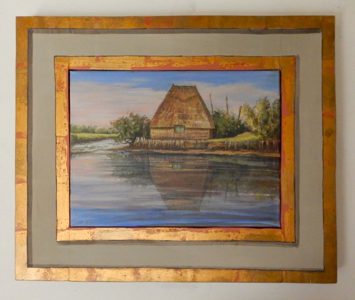 Quadro_con_paesaggio_di_Lorenzo_Usicco, casoni in aguna, quadro contemporaneo figurativo 