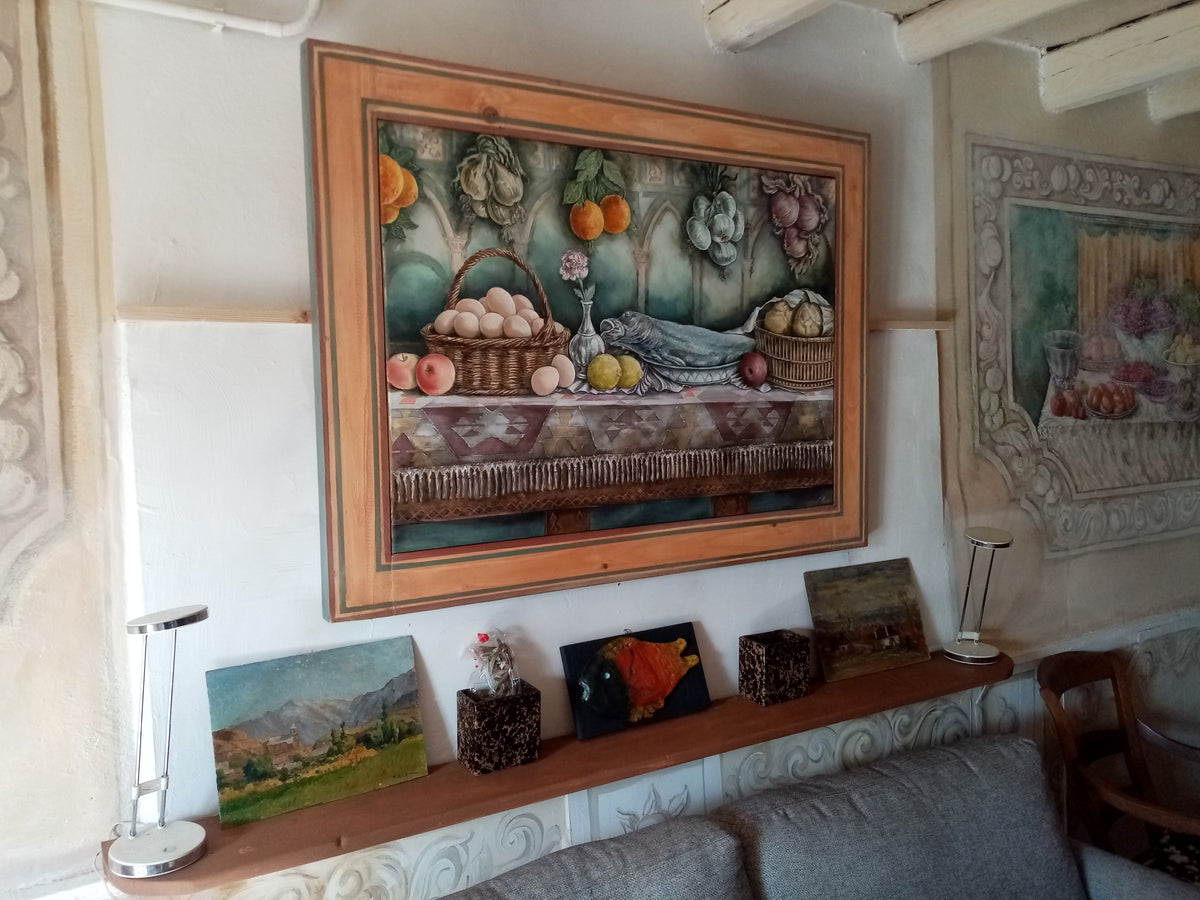Quadro dipinto a mano, di arte figurativa contemporanea  con cornice e raffigurante natura morta