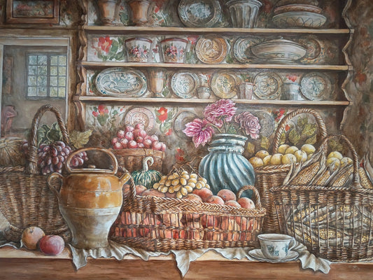 Quadro dipinto a mano, natura morta, quadro originale unico, quadro con frutta, cesti, 