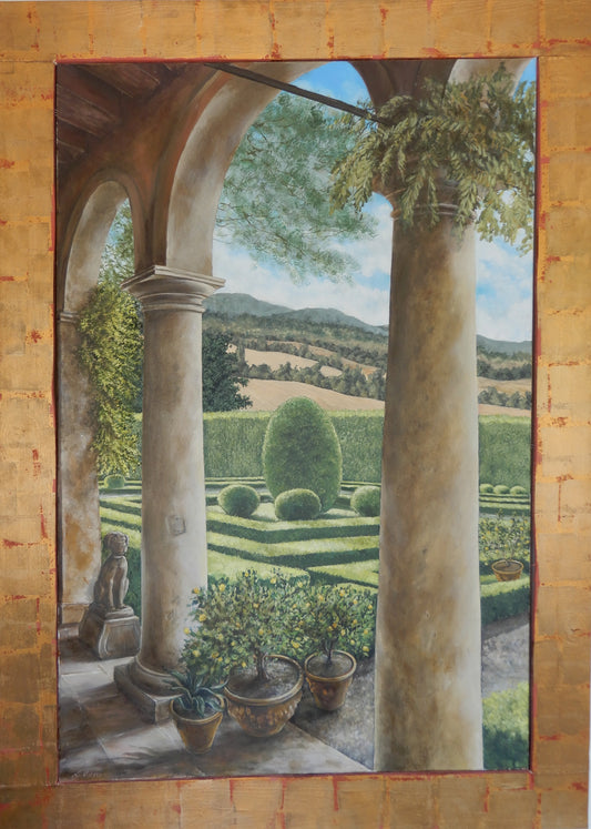 Quadro Sotto le Arcate di Lorenzo Usicco - giardino italiano con architettura dipinto a mano olio e acrilico su tela

