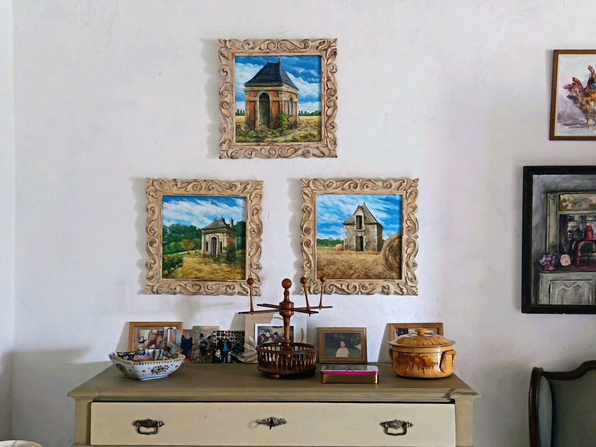 Tris di quadri dipinti a mano su legno da Lorenzo Usicco con cornice originale e unicascolpita a mano artigianalmente 