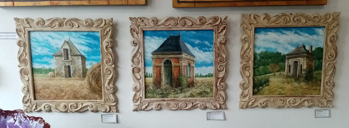 Tris di quadri in legno dipinti a mano da Lorenzo Usicco - paesaggio campagna della Loira con cornici artigianali
