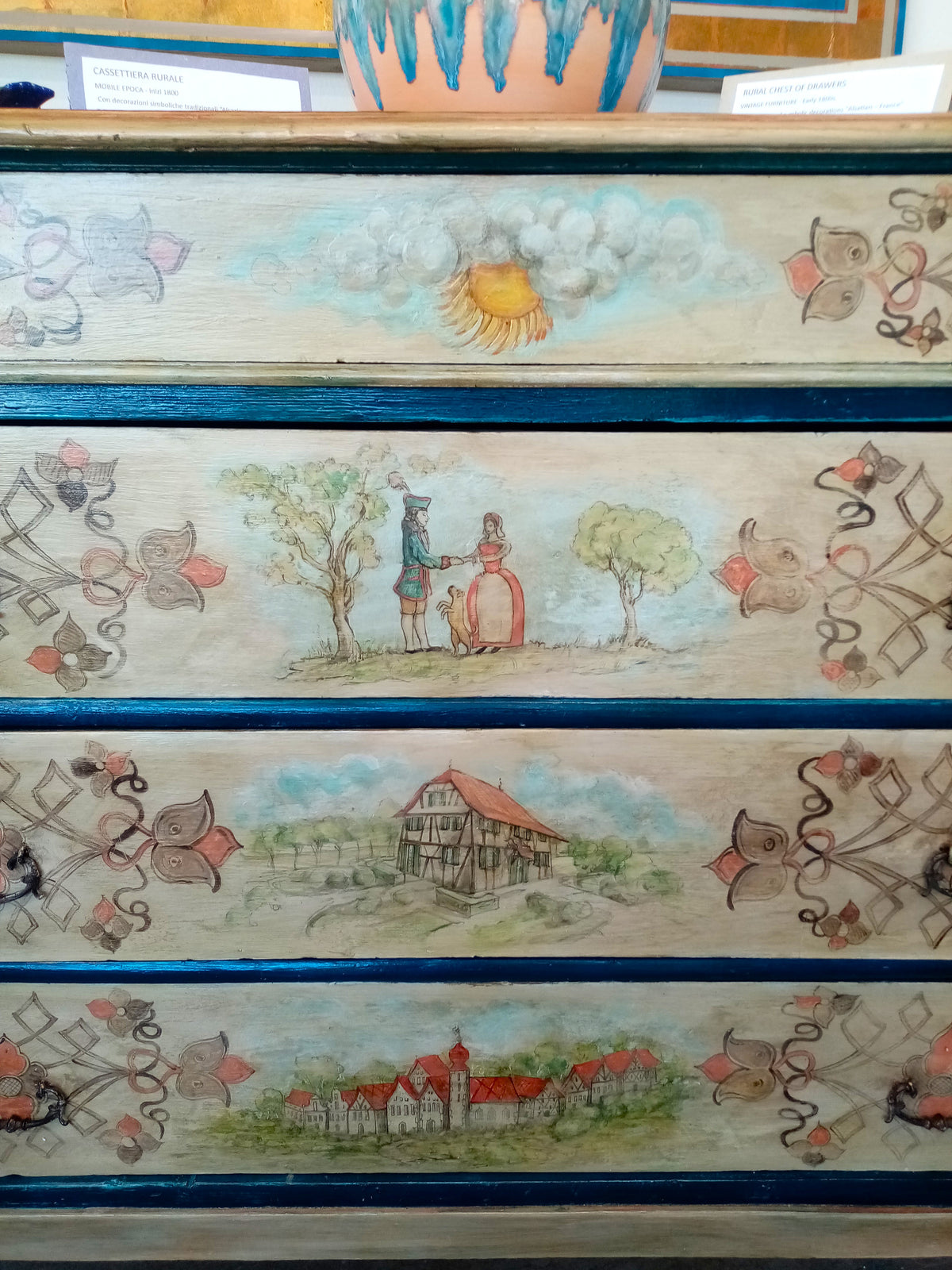 Particolare coppia giovani sposi cassettiera - Decorazioni romantiche alsaziane epoca
