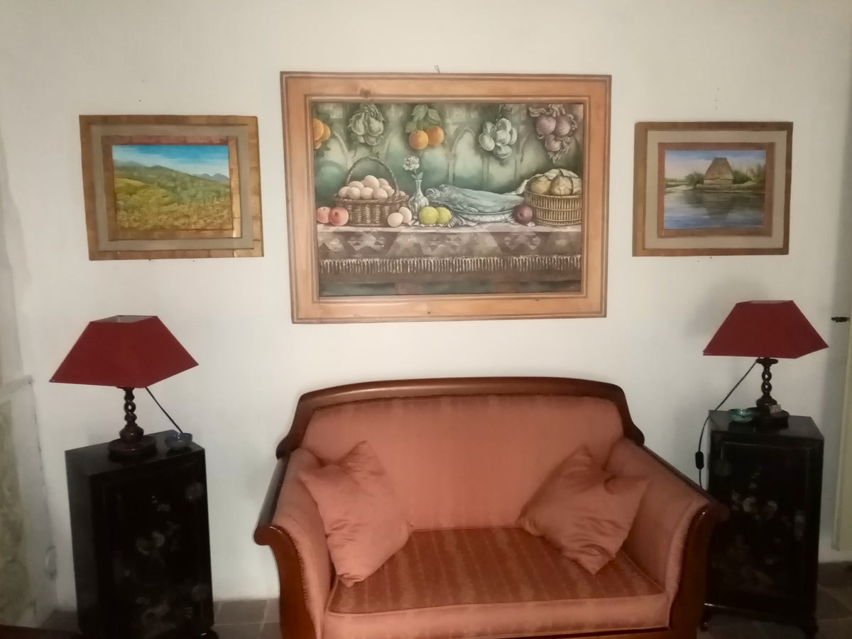 Quadro dipinto a mano – Le uova e il pesce, natura morta contemporanea di Lorenzo Usicco