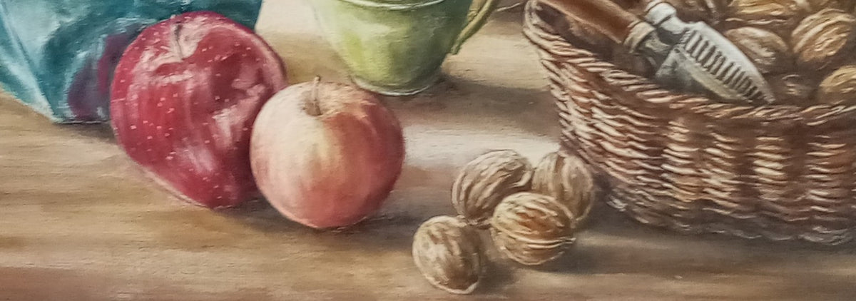 quadro le mele e le noci, olio e acrilico dettaglio, quadro unico firmato, opera realizzata da Lorenzo Usicco
