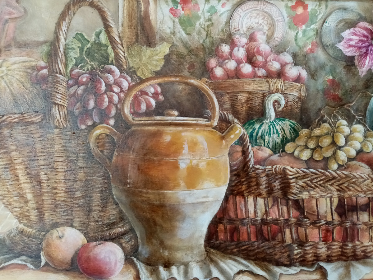 Dettaglio frutta dipinta quadro Finestra sul Giardino - arte italiana olio su tela dipinto a mano
