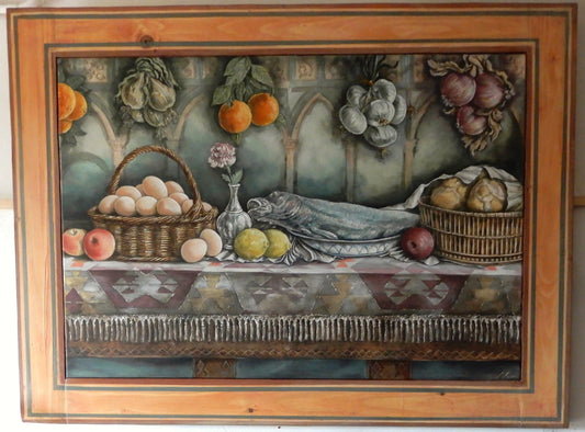 quadro originale con cornice dipinto da Lorenzo Usicco, opera con natura con frutta cestini e uova 