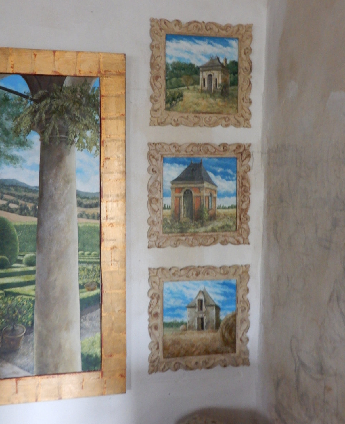 tre quadri dipinti su legno , venduti assieme, con soggetti paesaggistici francesi della Loira 